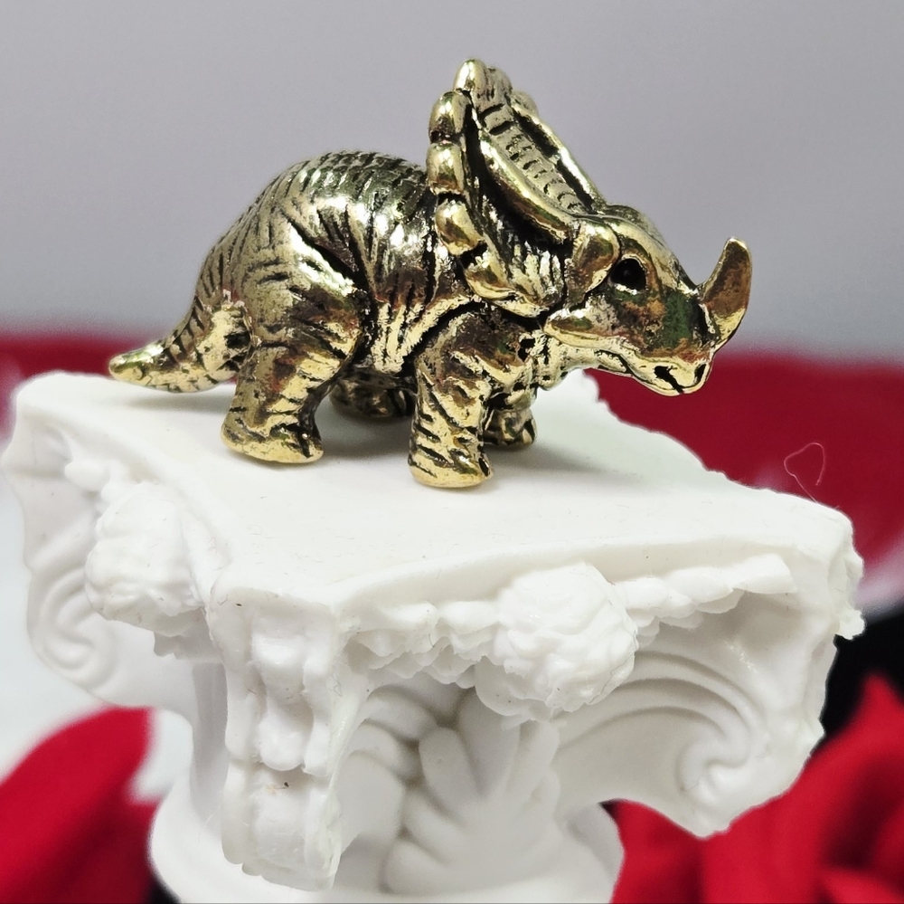 Mini Vintage Brass Triceratops Dinosaur Figurine Miniature Collectible Decor
